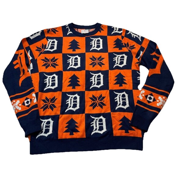 MLB Official Detroit Tigers Sweater Mens XL Navy Patches Ugly Pullover AOP Logo - Picture 1 of 8